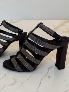 BRUNELLO CUCINELLI Strappy Black High Heel Mule Sandals, leather & monili.